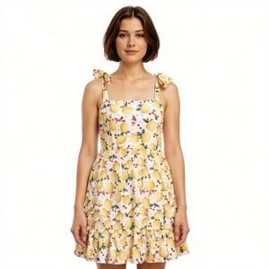 Womens Dress Size Large Lemon Cherry Print Midi Ruffle Hem Wide Strap Sundress